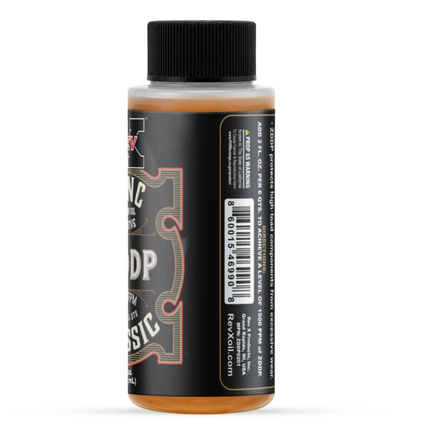 REV-X Zinc Classic ZDDP Oil Additive bottle side view showing UPC and directions