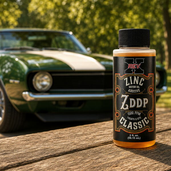 REV-X Zinc Classic ZDDP Oil Additive with classic muscle car outdoors
