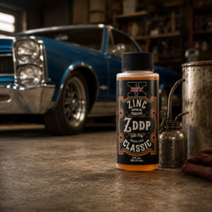 REV-X Zinc Classic ZDDP Oil Additive in garage with classic performance car