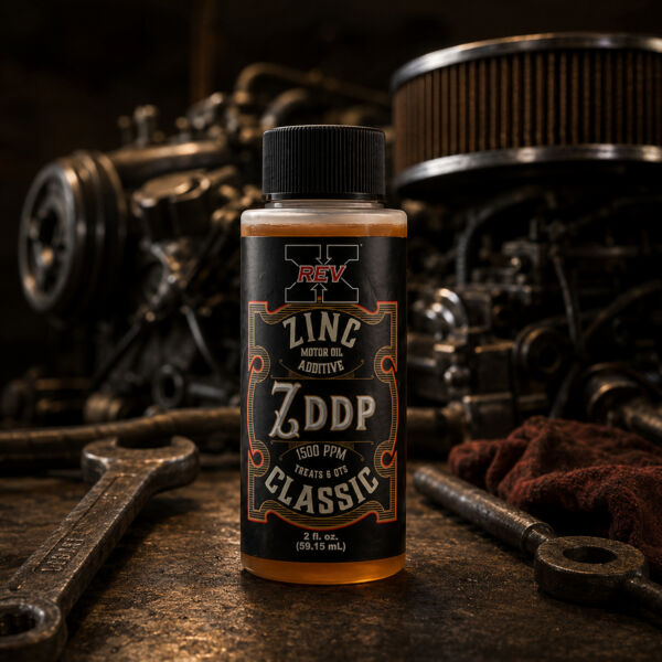 REV-X Zinc Classic ZDDP Oil Additive beside classic performance engine