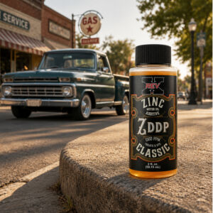 REV-X Zinc Classic ZDDP Oil Additive with vintage pickup truck at classic gas station